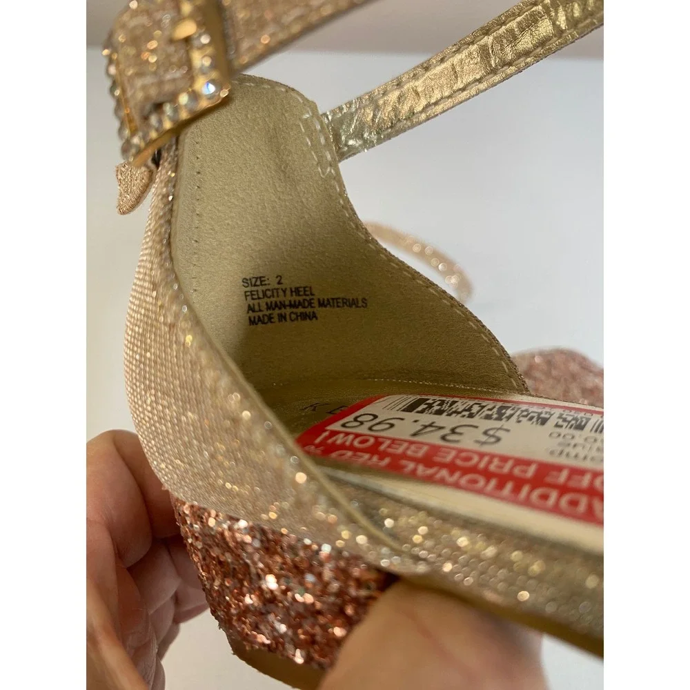 Kelly & Katie Girls Rose Gold Glitter Block Heel Dress Shoes Size 2 Ankle Strap